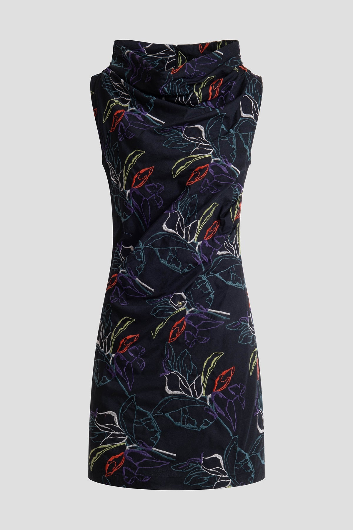 Natori Yoru Embroidered Cotton Poplin Asymmetric Funnel Neck Dress