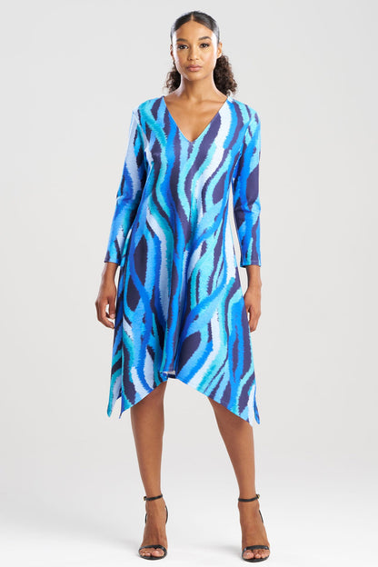 Natori Jagged Swirl Knit Crepe Long Sleeve V-Neck Dress