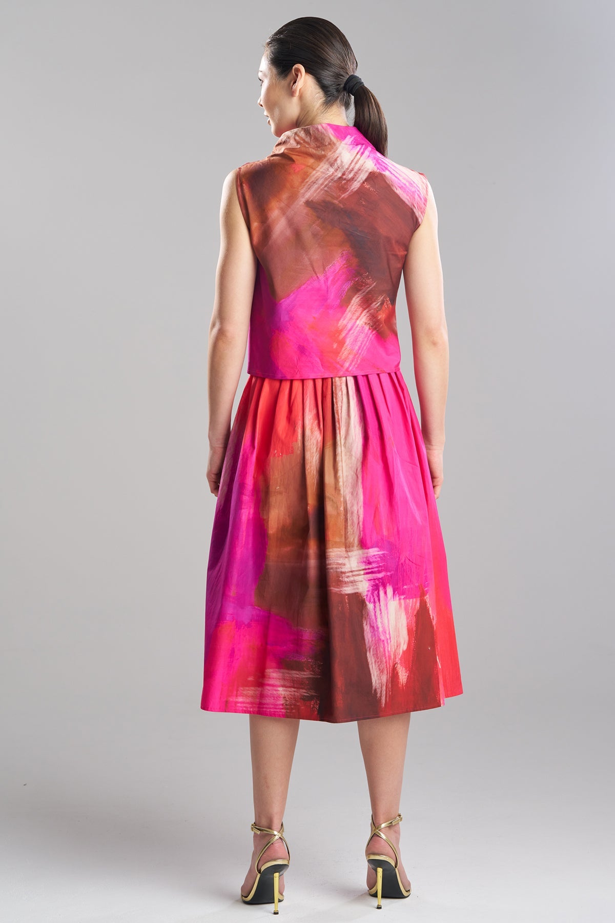 Natori Brushstroke Cotton Taffeta Asymmetric Funnel Neck Top