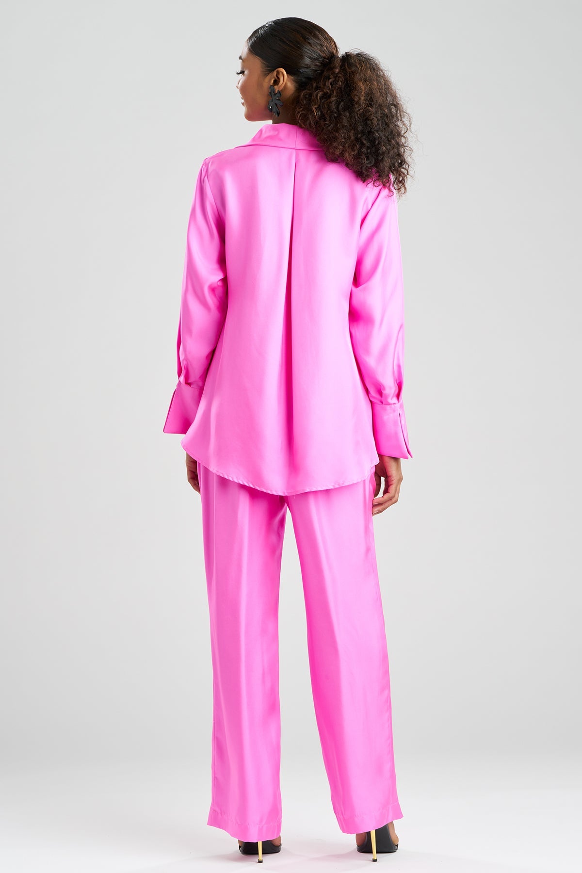 Natori Solid Silk Twill Button Down Trapeze Shirt