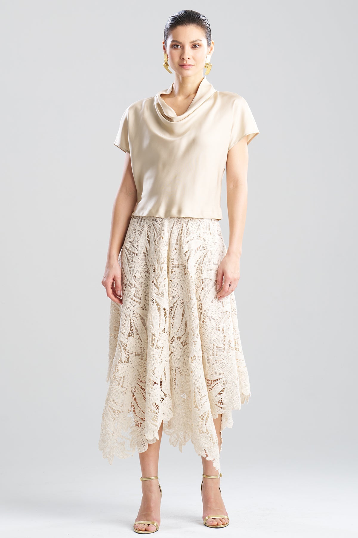 Natori Solid Silk Twill Cowl Neck Top