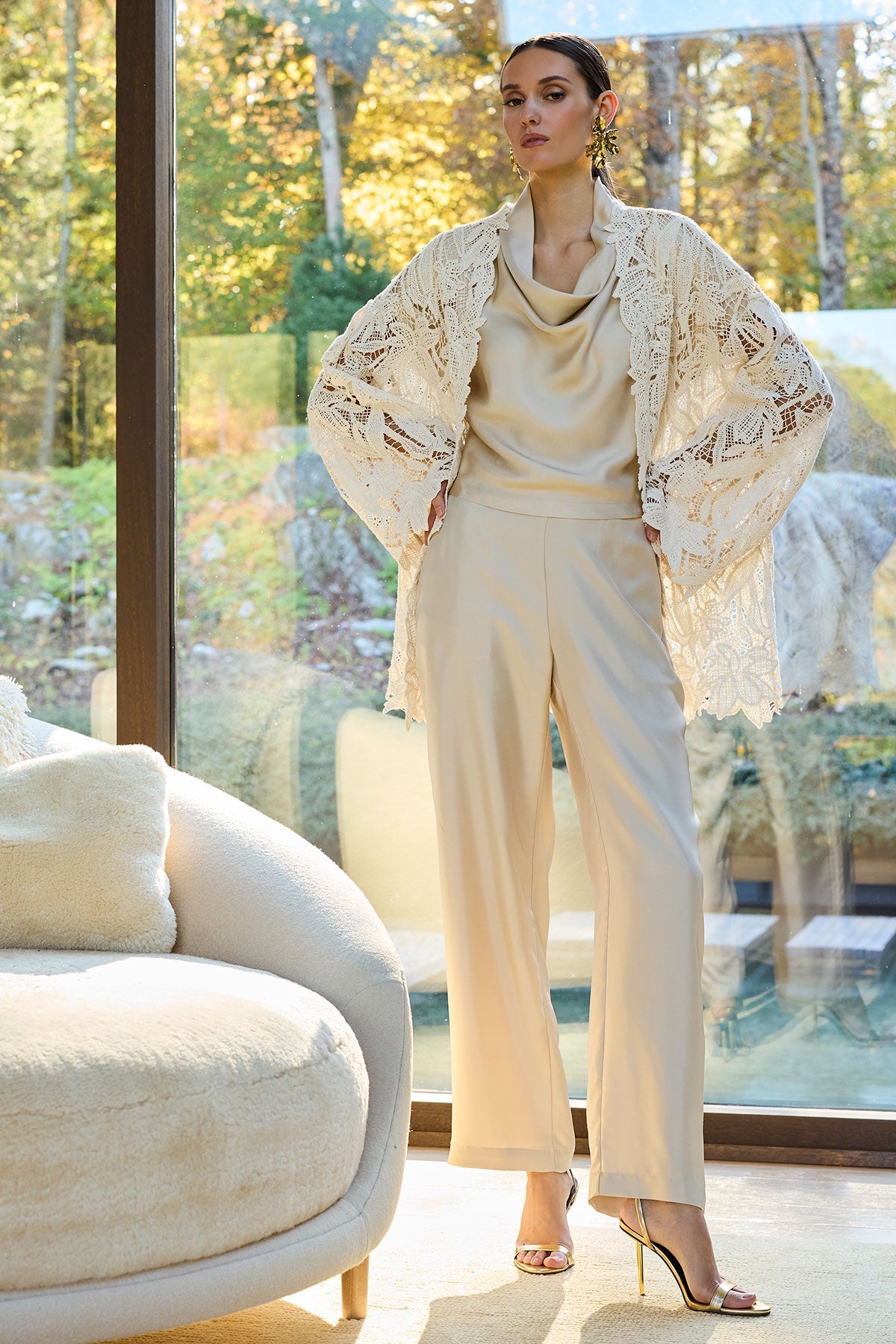 Natori Solid Silk Twill Cowl Neck Top