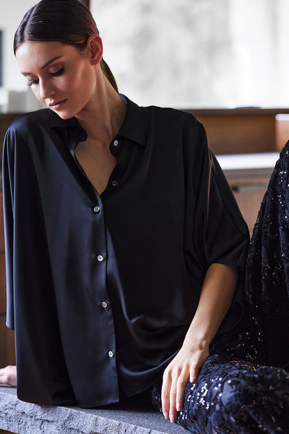 Natori Luxe Charmeuse Button Down Caftan Shirt