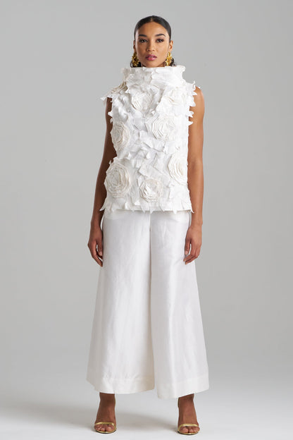Natori Couture Silk Dupioni Embellished Funnel Neck Top