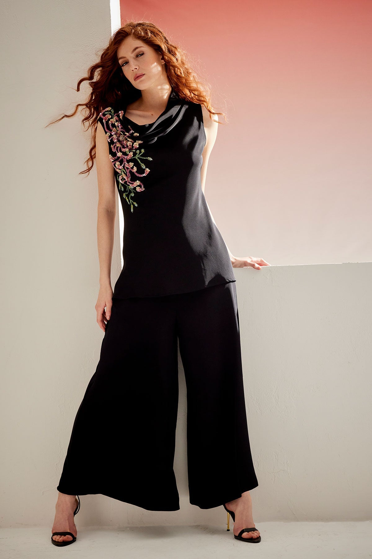 Natori Couture Silk Crepe Embellished Funnel Neck Top