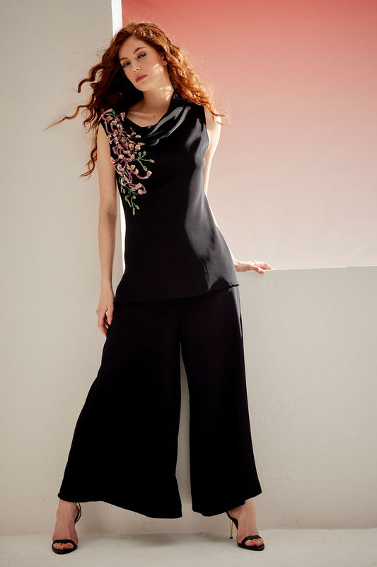 Natori Couture Silk Crepe Embellished Funnel Neck Top