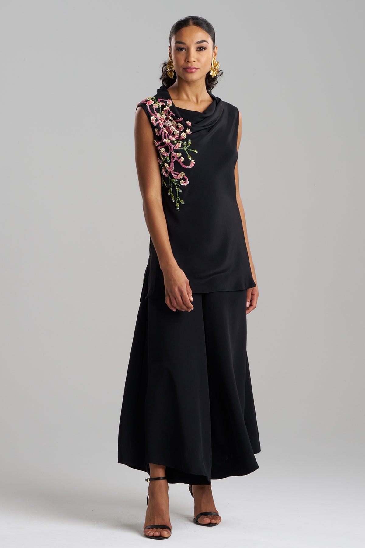 Natori Couture Silk Crepe Embellished Funnel Neck Top