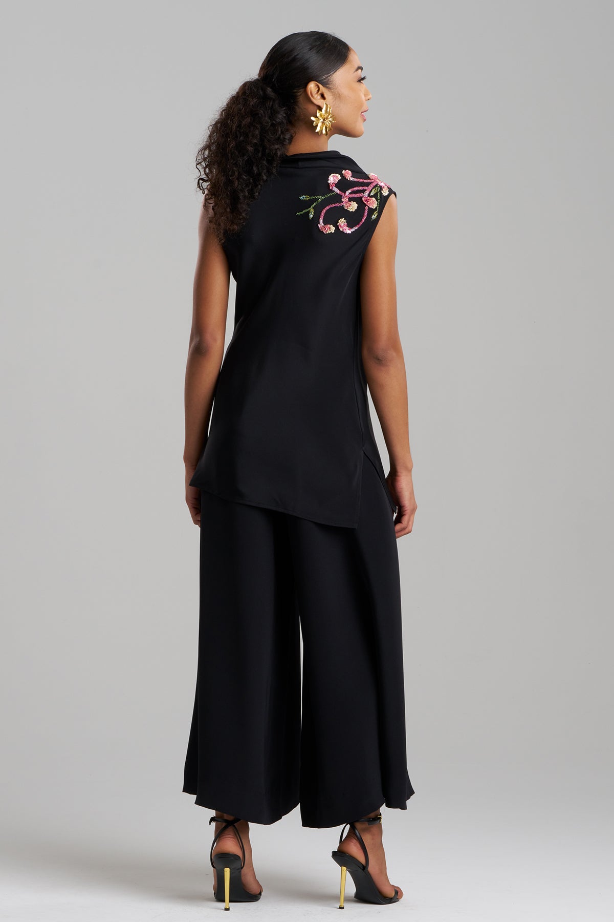 Natori Couture Silk Crepe Embellished Funnel Neck Top
