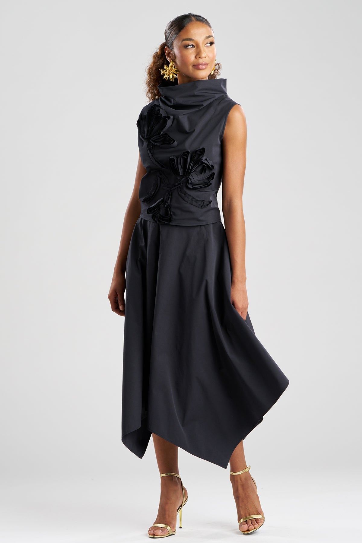 Natori Tech Cotton Taffeta Embroidered Funnel Neck Top