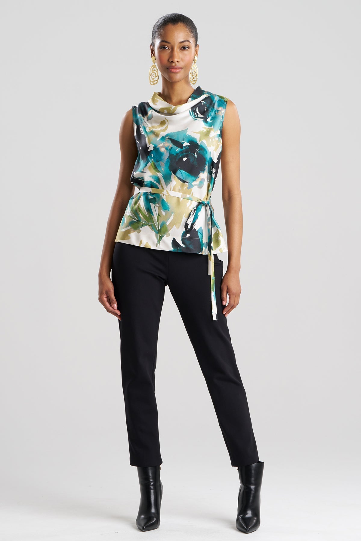 Natori Mira Silk Twill Belted Funnel Neck Top