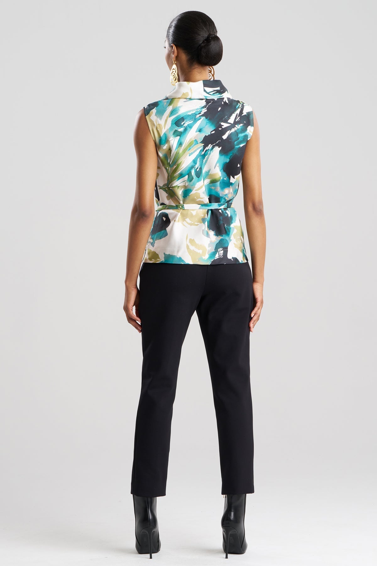 Natori Mira Silk Twill Belted Funnel Neck Top