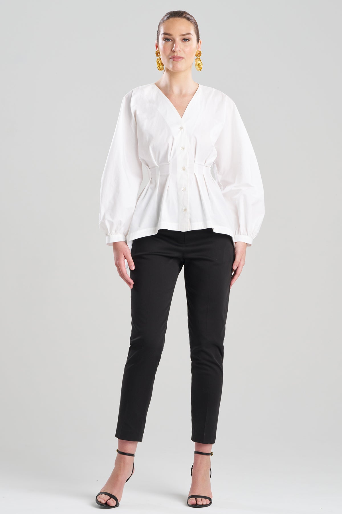 Natori Cotton Poplin V-Neck Pleated Shirt