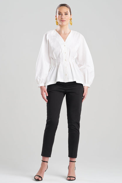 Natori Cotton Poplin V-Neck Pleated Shirt