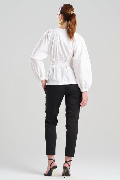 Natori Cotton Poplin V-Neck Pleated Shirt