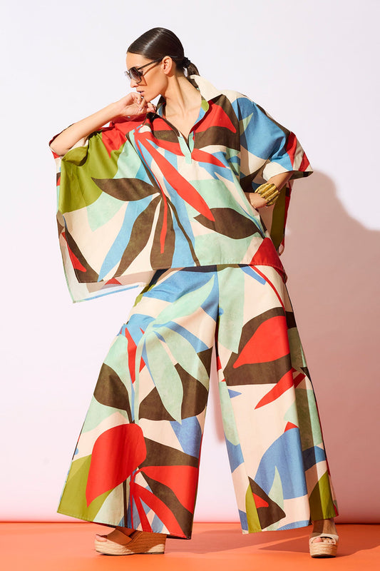 Natori Abstract Palm Cotton Poplin Pull On Palazzo Pants