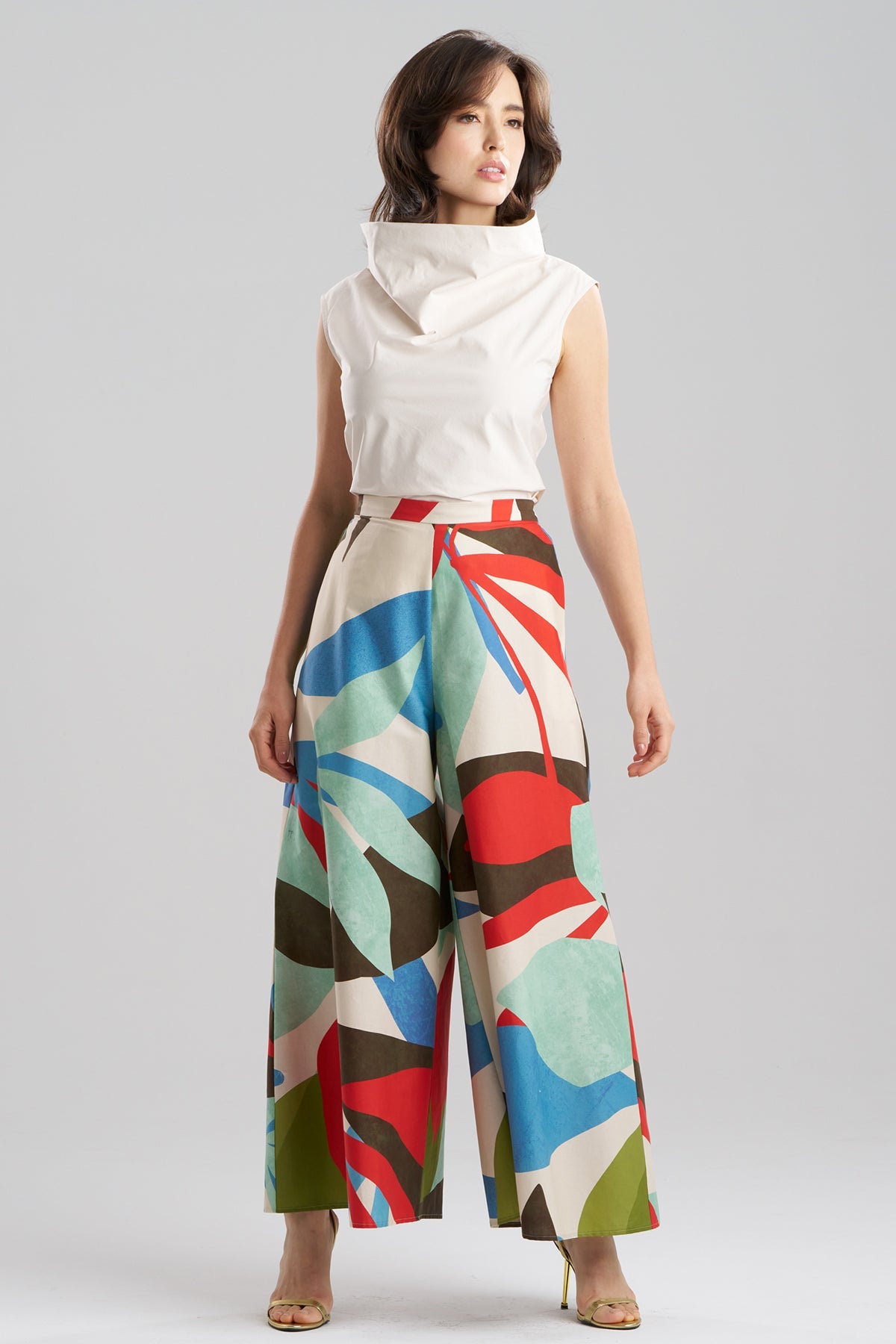 Natori Abstract Palm Cotton Poplin Pull On Palazzo Pants