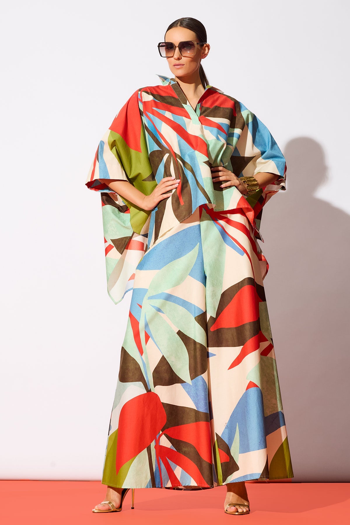 Natori Abstract Palm Cotton Poplin Pull On Palazzo Pants