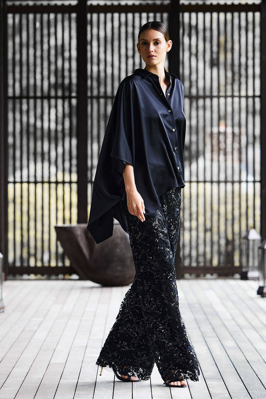 Natori Floral Sequin Lace Side Zip Straight Leg Pants