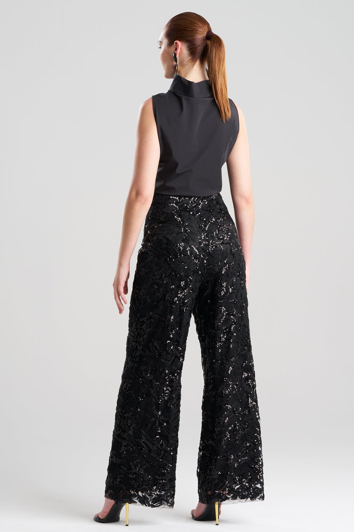 Natori Floral Sequin Lace Side Zip Straight Leg Pants