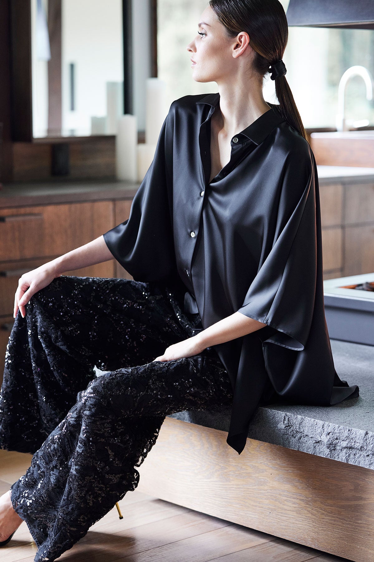 Natori Floral Sequin Lace Side Zip Straight Leg Pants