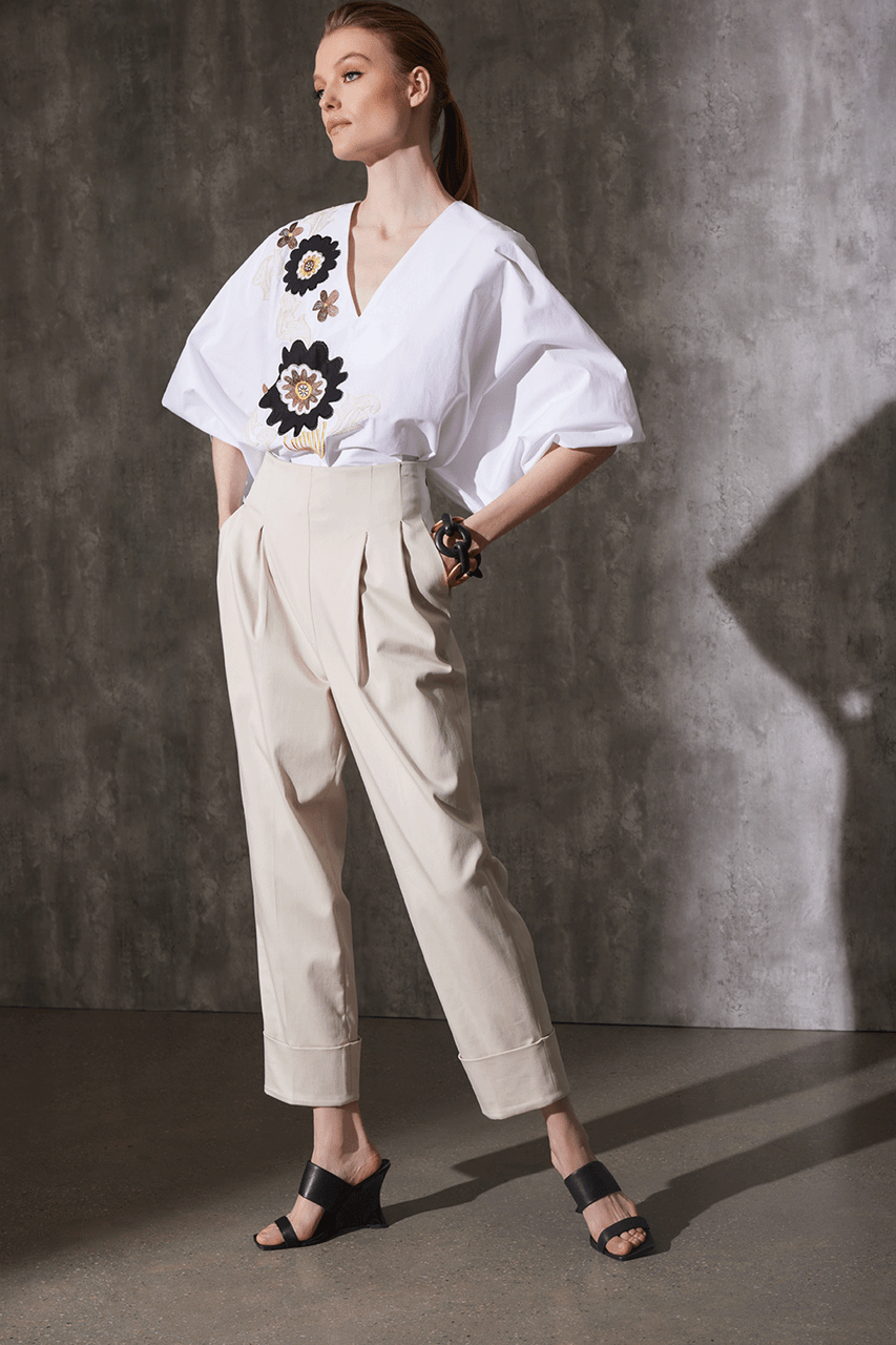 Natori Buy Cotton Chino High Waisted Pleated Pants in Sand Taupe Online