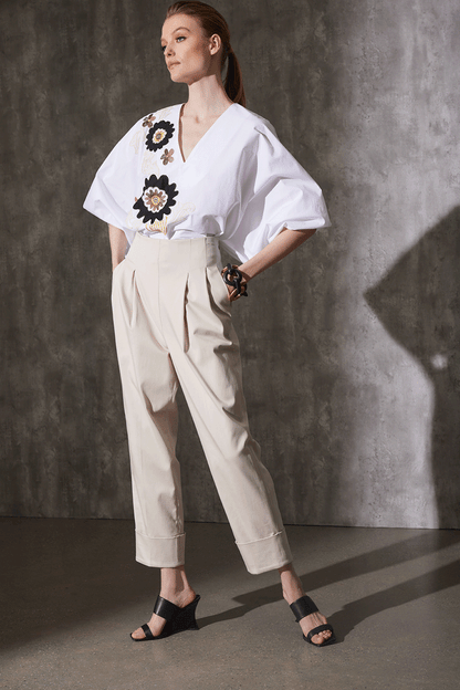 Natori Buy Cotton Chino High Waisted Pleated Pants in Sand Taupe Online