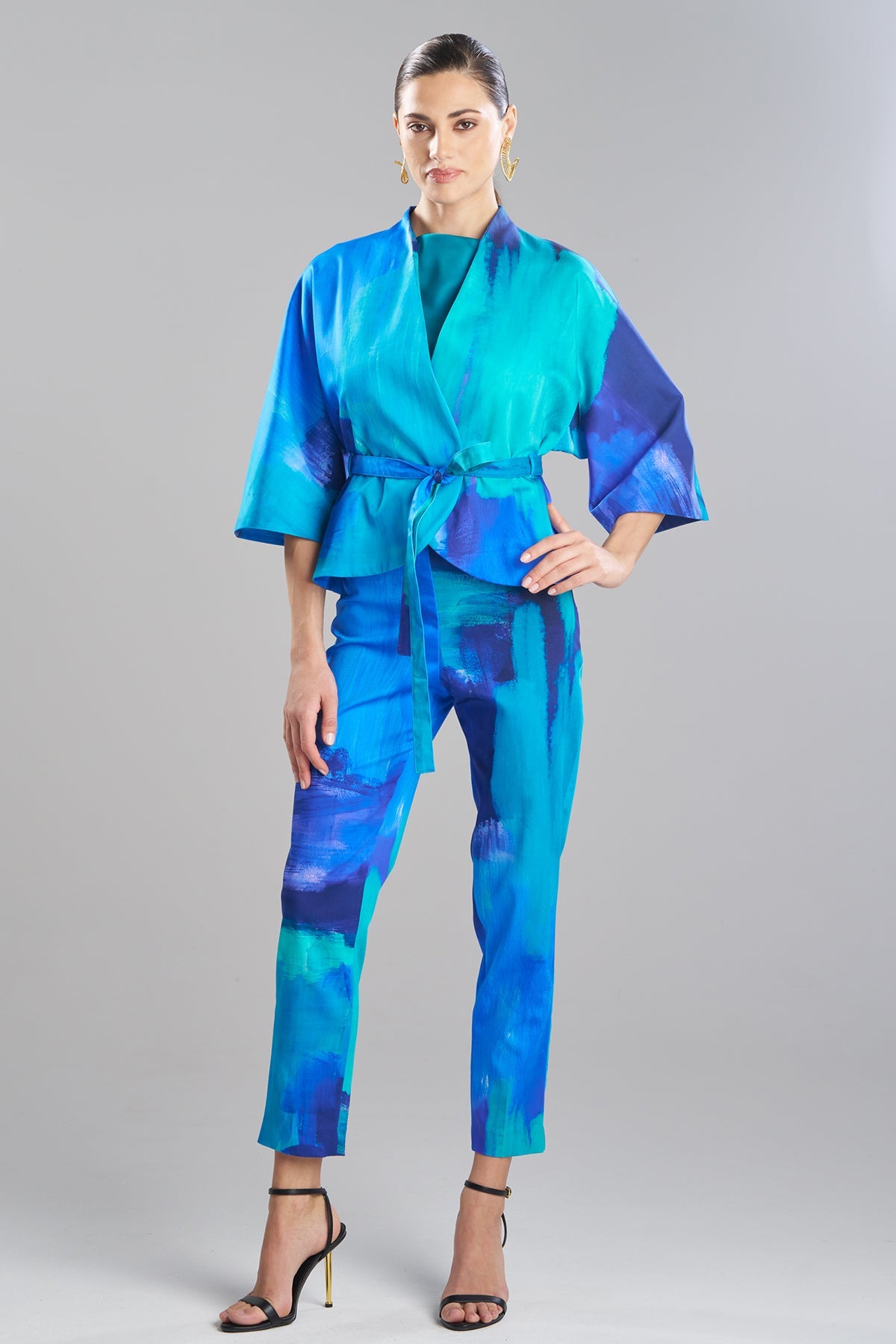 Natori Brushstroke Cotton Chino Belted Kimono Jacket