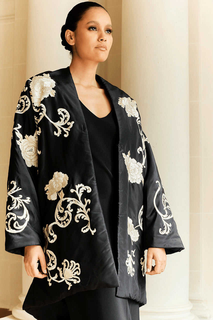 Natori Buy Couture Silk Taffeta Embroidered Coat in Black Online