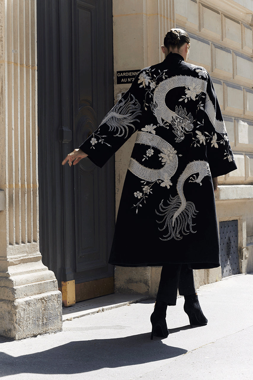 Natori Buy Couture Felt Embroidered Dragon Coat in Black Online