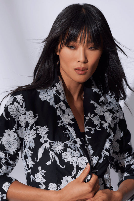 Natori Buy Tangier Embroidered Cotton Tailored Blazer in Black/White Online