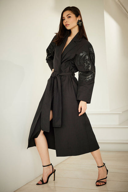 Natori Buy Tech Cotton Taffeta Embroidered Trench Coat in Black Online