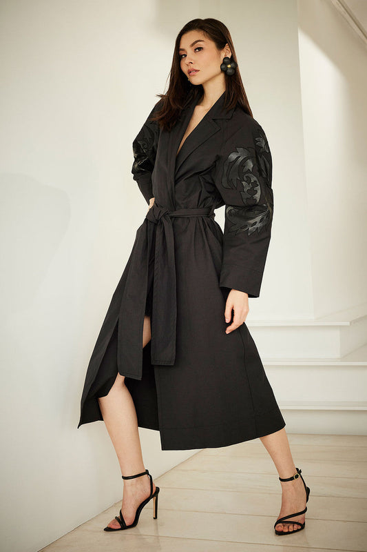 Natori Buy Tech Cotton Taffeta Embroidered Trench Coat in Black Online