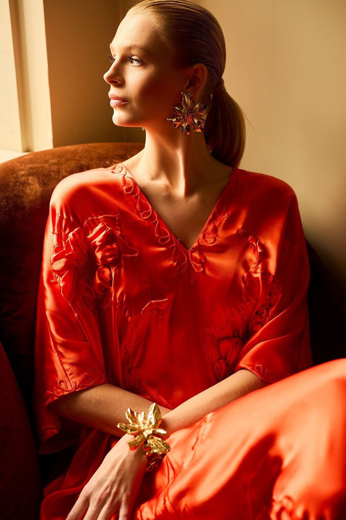 Natori Couture Mokuren Embroidered Silk Caftan