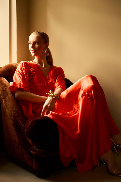 Natori Couture Mokuren Embroidered Silk Caftan