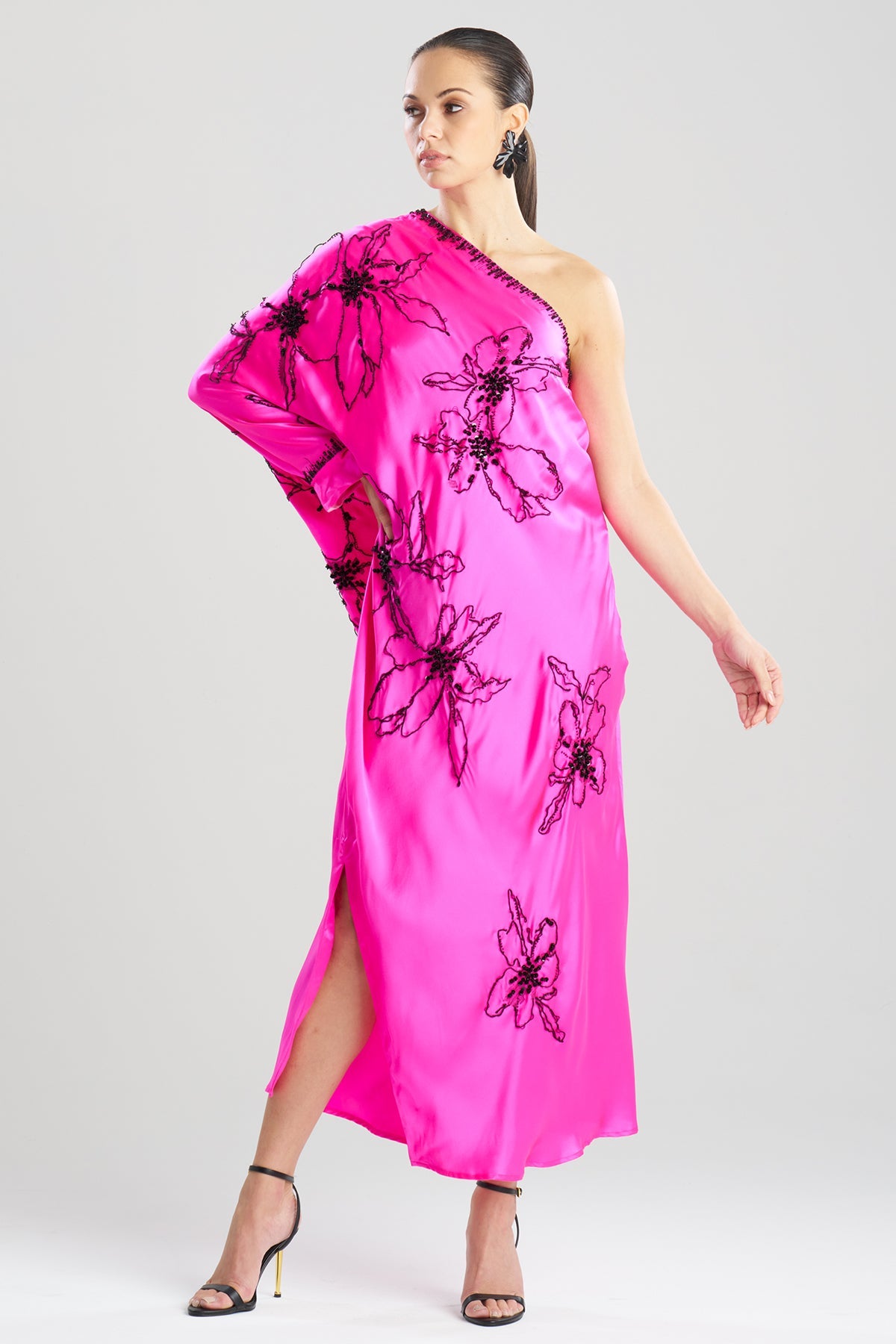Natori Couture Yumi One Shoulder Embroidered Silk Caftan