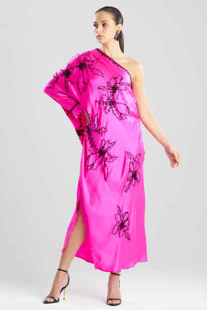 Natori Couture Yumi One Shoulder Embroidered Silk Caftan