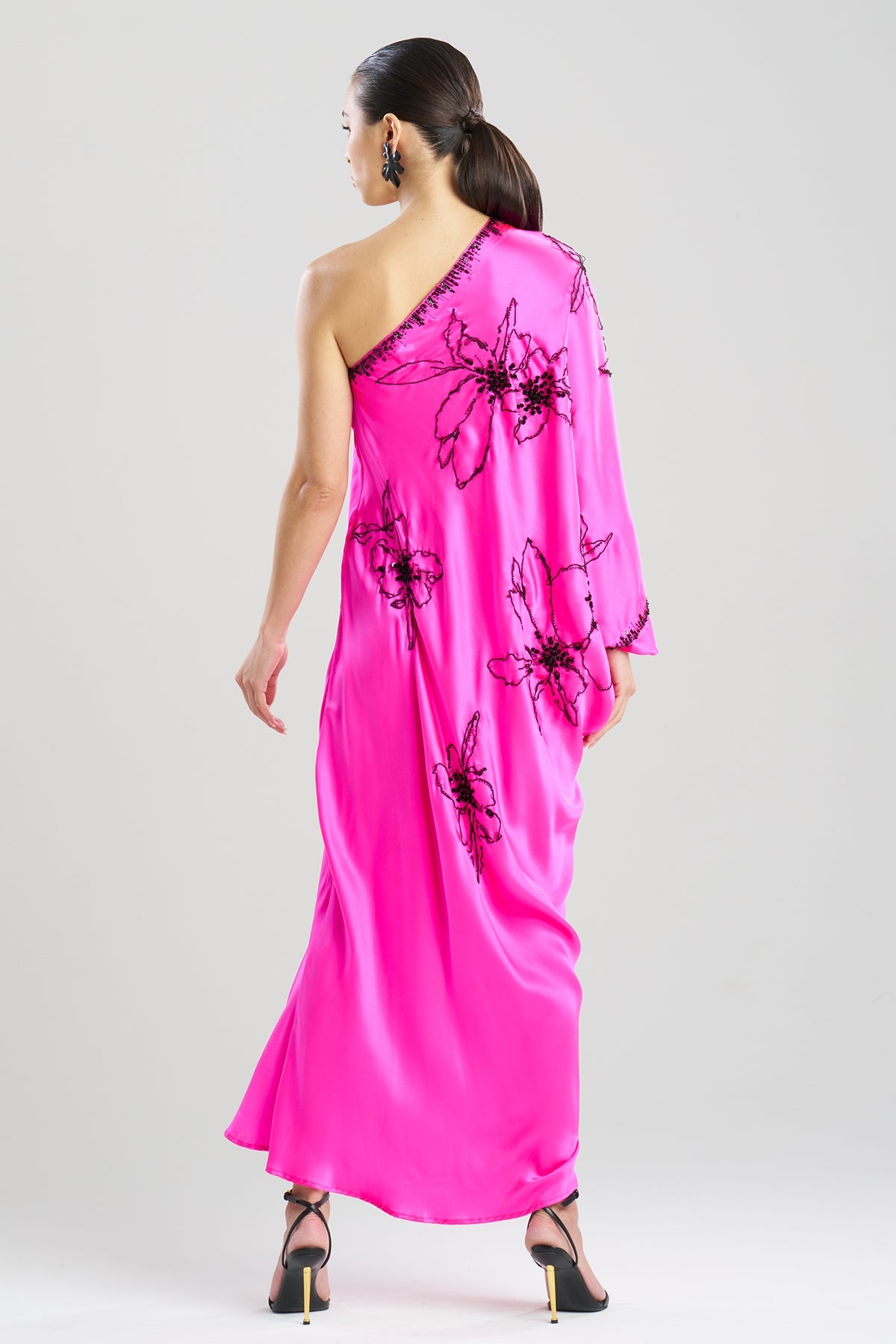 Natori Couture Yumi One Shoulder Embroidered Silk Caftan