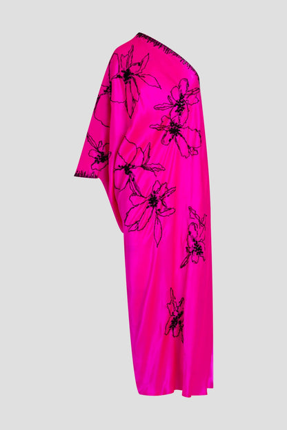 Natori Couture Yumi One Shoulder Embroidered Silk Caftan