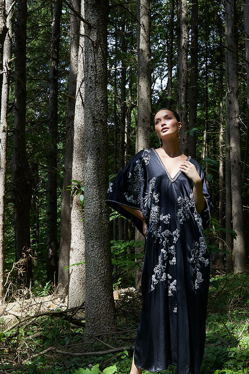 Natori Buy Couture Black Silk Embroidered Caftan in Black Online