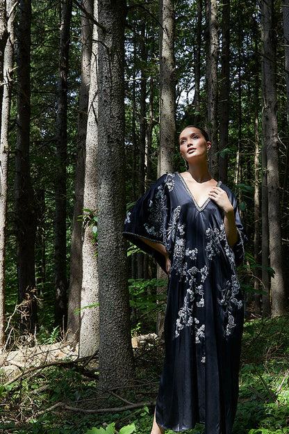 Natori Buy Couture Black Silk Embroidered Caftan in Black Online
