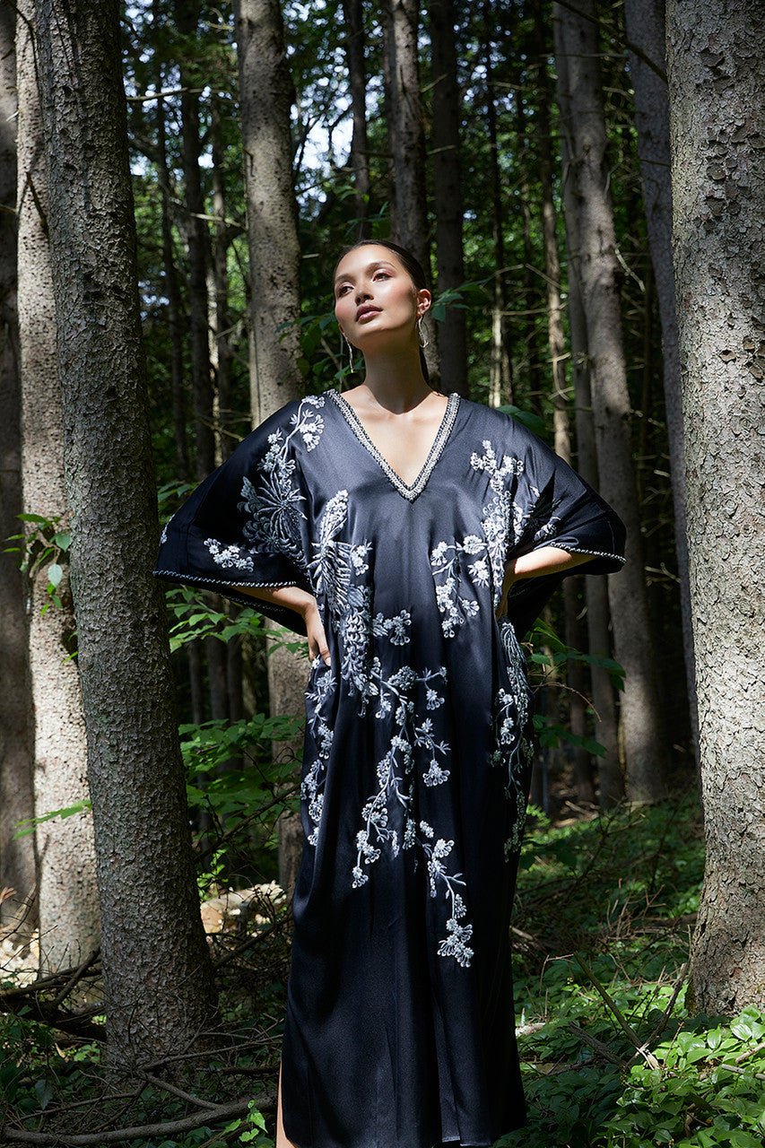 Natori Buy Couture Black Silk Embroidered Caftan in Black Online