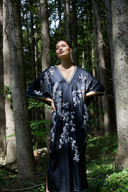 Natori Buy Couture Black Silk Embroidered Caftan in Black Online