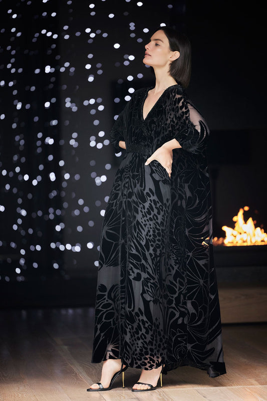 Natori Nouveau Velvet Embellished Silk Caftan