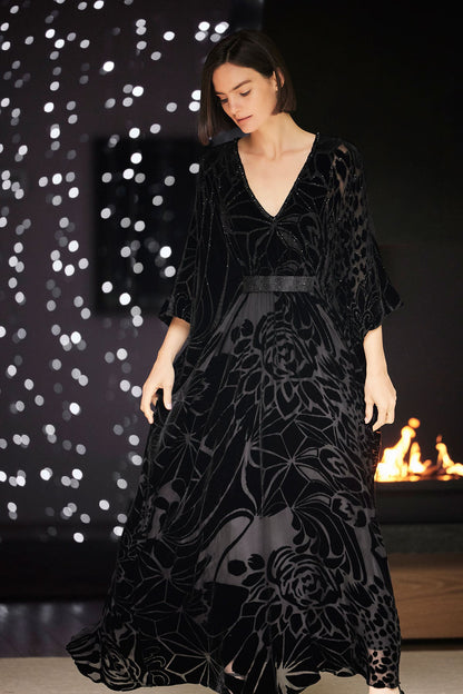 Natori Nouveau Velvet Embellished Silk Caftan