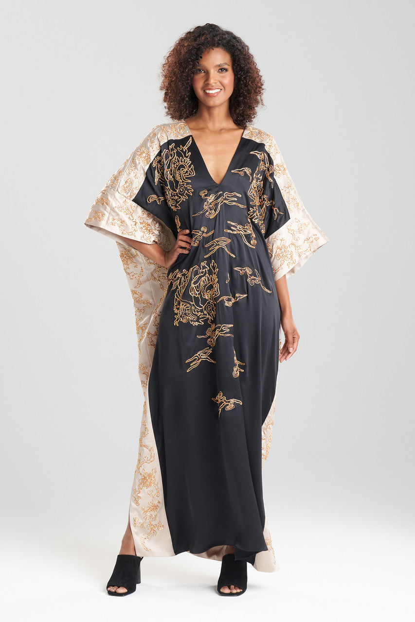 Natori Buy Couture Dragon Embroidered Cocoon Silk Caftan in Black Online