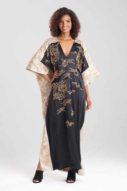 Natori Buy Couture Dragon Embroidered Cocoon Silk Caftan in Black Online