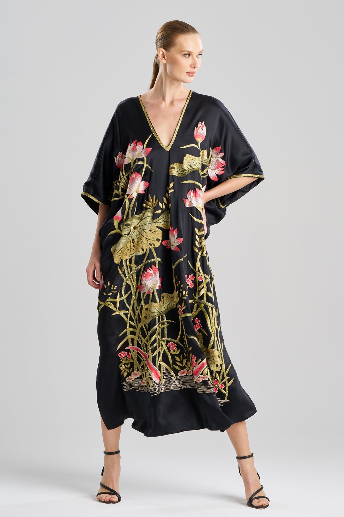 Natori Couture Lotus Embroidered Cocoon Silk Caftan