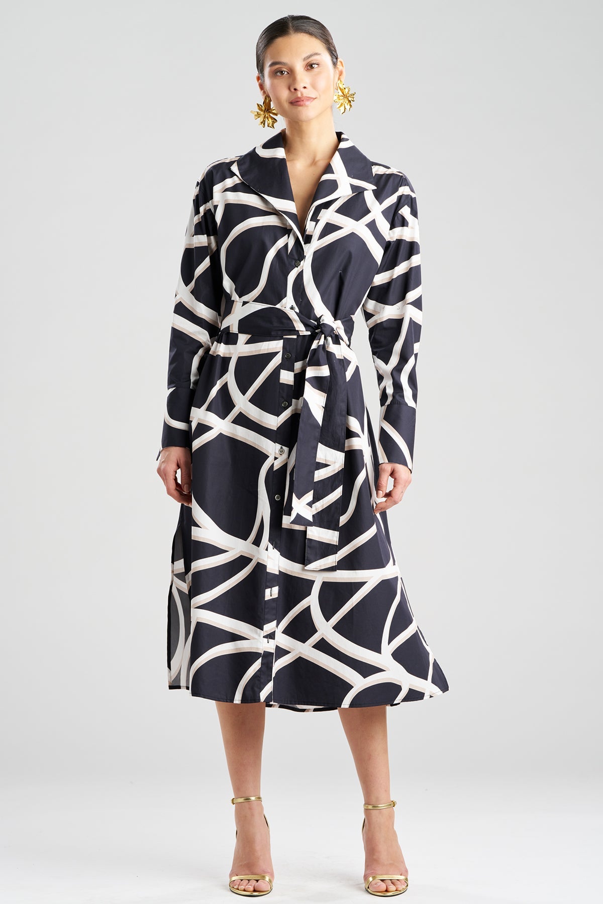 Natori Spiral Cotton Taffeta Oversized Button Down Shirtdress