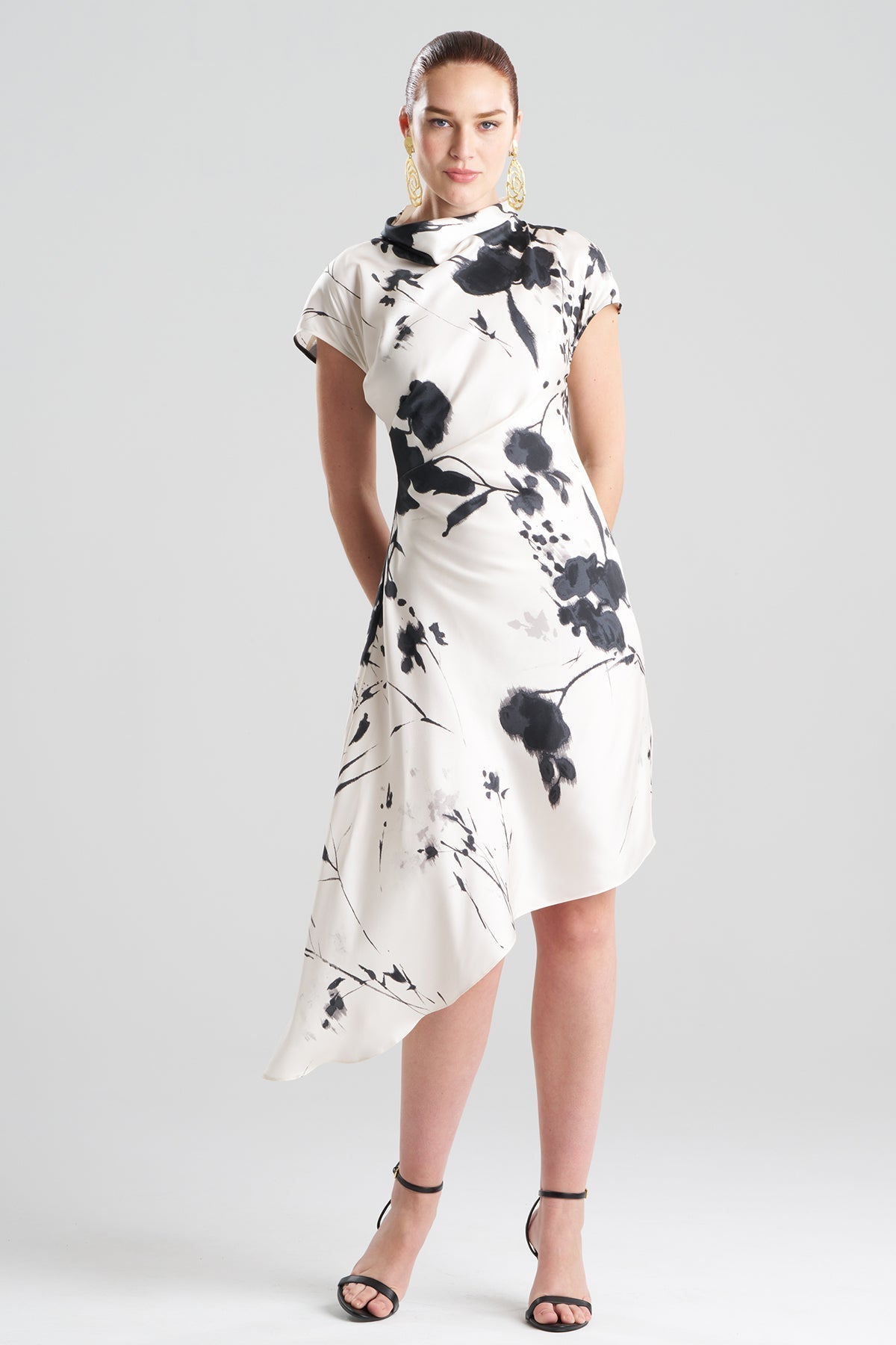 Natori Nara Silk Twill Asymmetric Pleated Dress