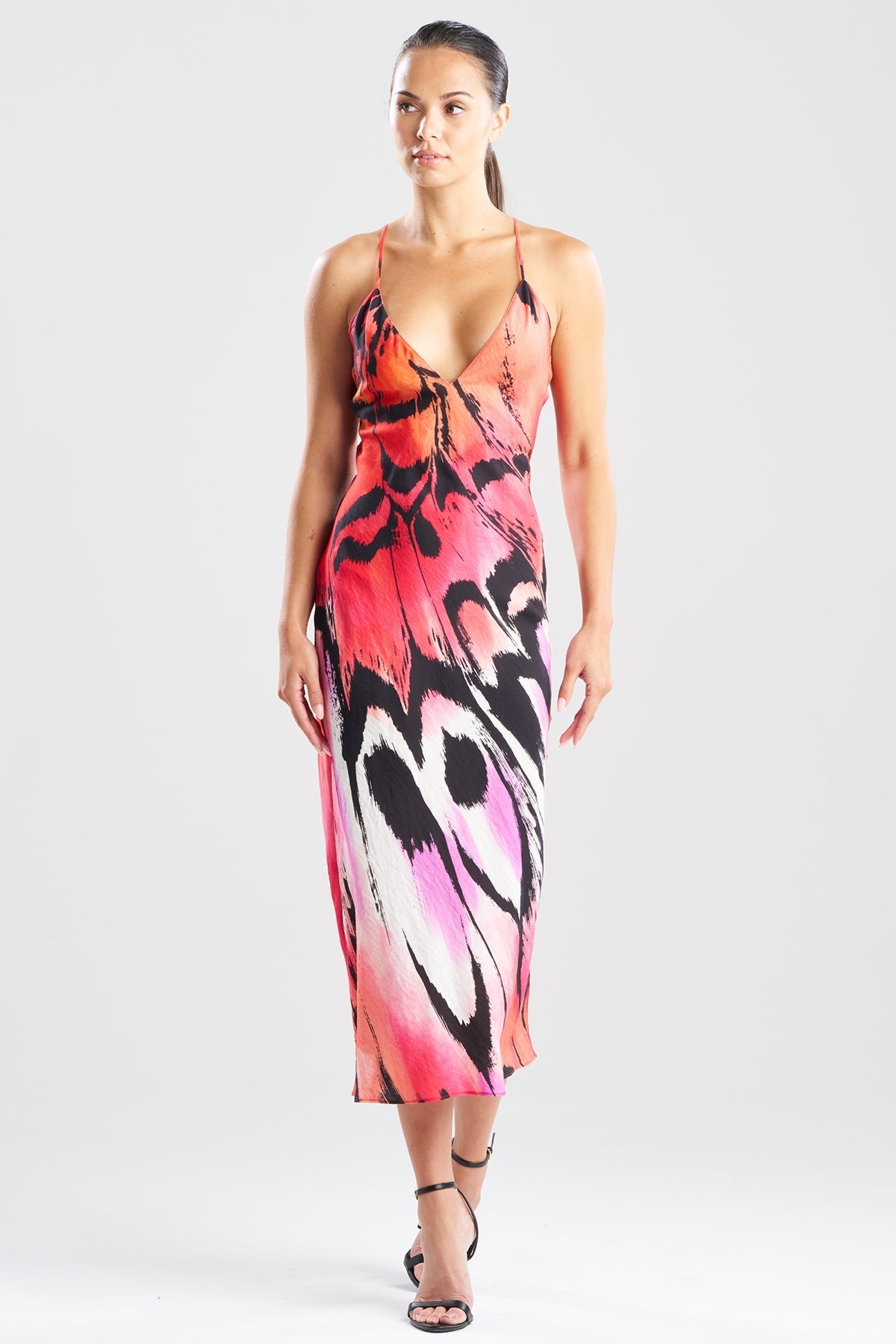 Natori Butterfly Linen Blend Open Back Slip Dress